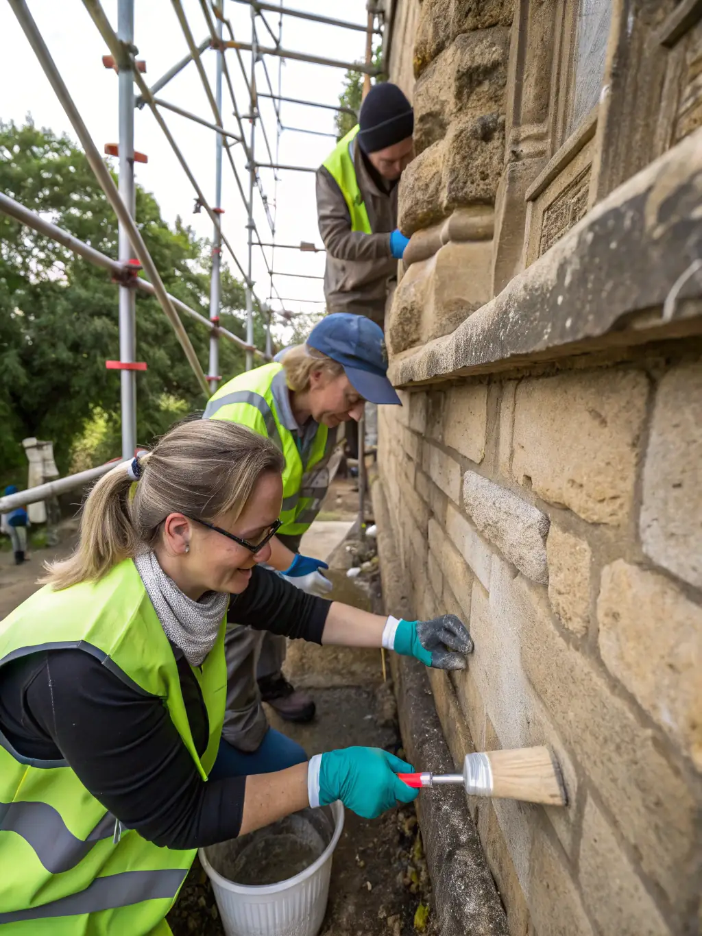 A photograph of volunteers working on the restoration of an old stone wall, showcasing the hands-on aspect of the heritage preservation program.