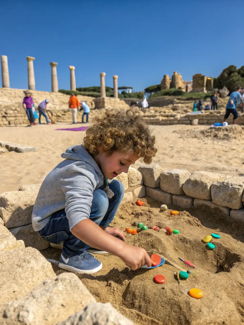 A group of children participating in an archaeological dig, carefully brushing away soil to uncover artifacts, illustrating the educational outreach program.