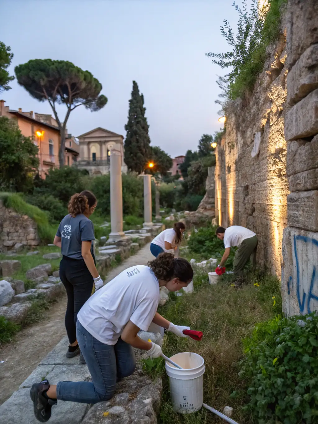 A photograph of volunteers cleaning and preserving ancient artifacts at an archaeological dig site in La Roche-Canillac, emphasizing hands-on historical preservation.