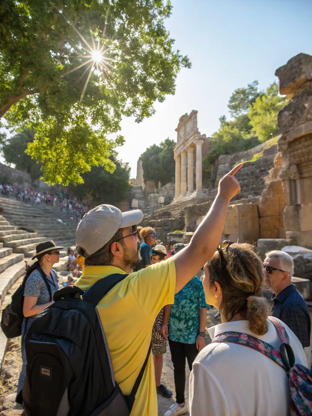 A photograph of a guided tour group visiting a historical site, with the guide pointing out key features and sharing historical information.