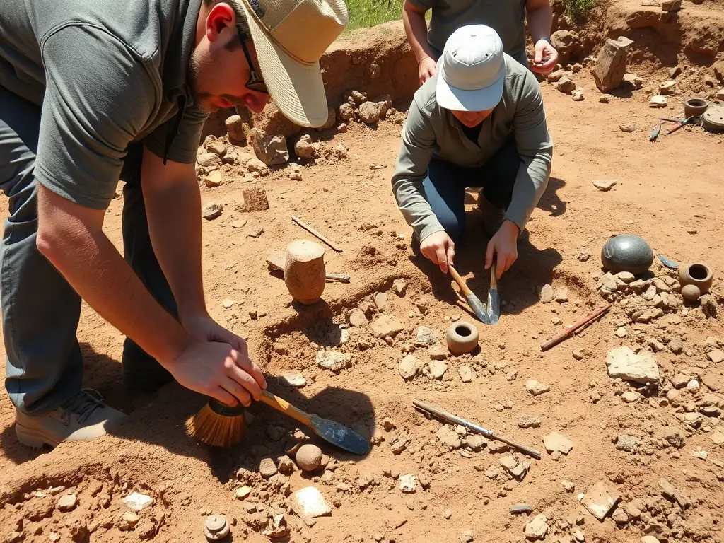 Researchers meticulously documenting archaeological findings at a dig site in La Roche Canillac, using tools and techniques to uncover and preserve historical artifacts.