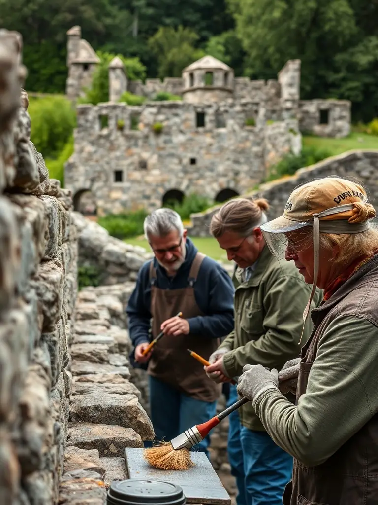 A photograph of a group of volunteers cleaning and restoring an old stone wall, showcasing community involvement in heritage preservation.