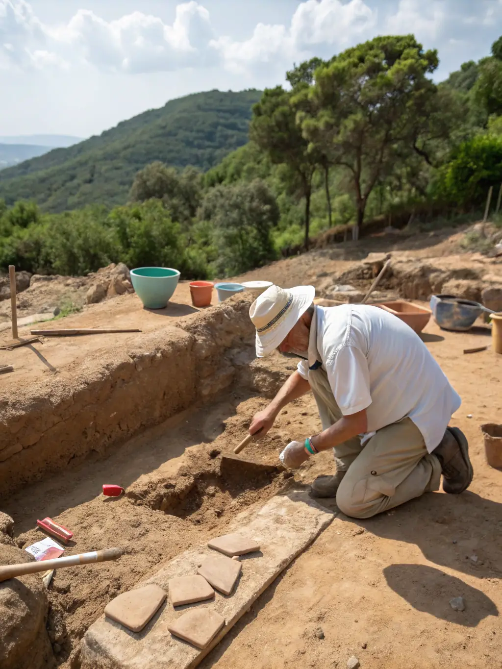 A photograph of an archaeologist carefully excavating a historical site, emphasizing the importance of archaeological research in understanding local history.